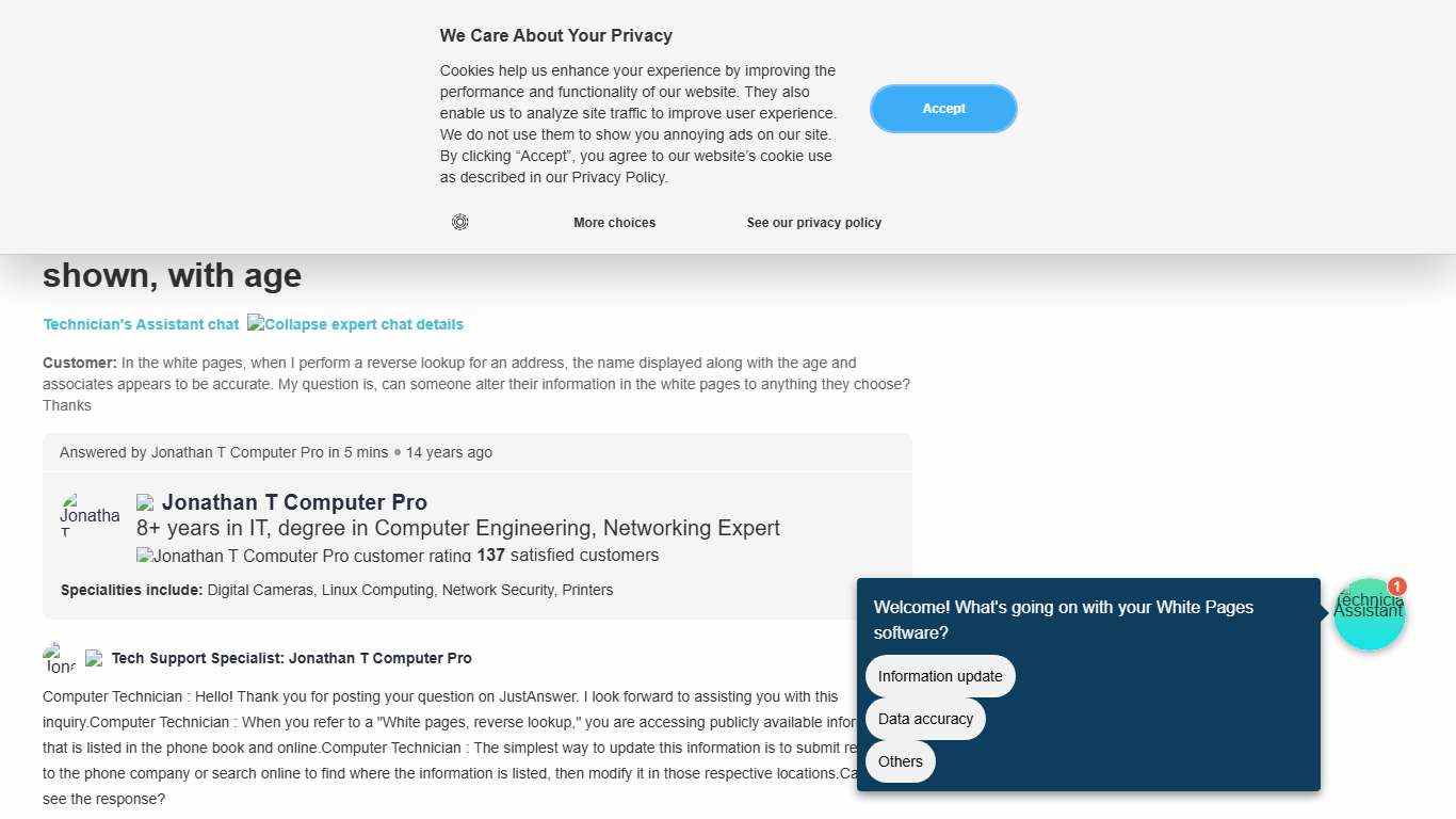 In the white pages, reverse look up. When I look up an address for a person. The person's name that is shown, with age